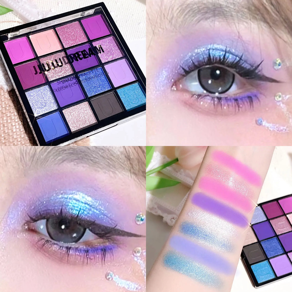 16-Color Eyeshadow Palette: Koi, Mermaid, Enchanted Forest, with pearlescent, matte, and fine shimmer finishes.