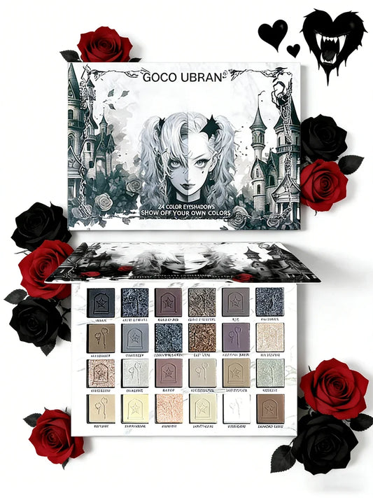 24-Color Dark Elf Eyeshadow Palette, Gothic Vampire Style Makeup Set, High-Pigment Shimmer/Glitter Eye Makeup, Christmas Gift
